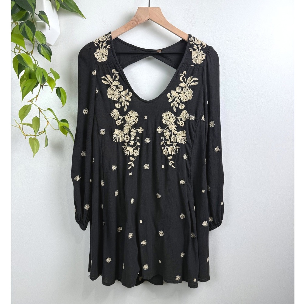 Free People Black Embroidered Mini Dress Boho Long Sleeve Open Back XS S